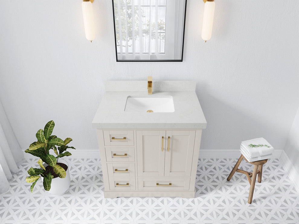 Boston 36" Center Sink Bath Vanity in Fine Grain 2" Carrara Quartz