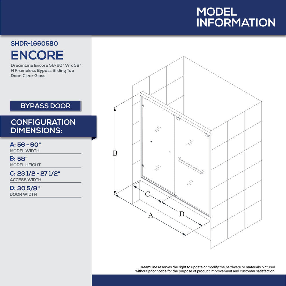Dreamline Encore 56, 60"x58" Bypass Sliding Tub Door