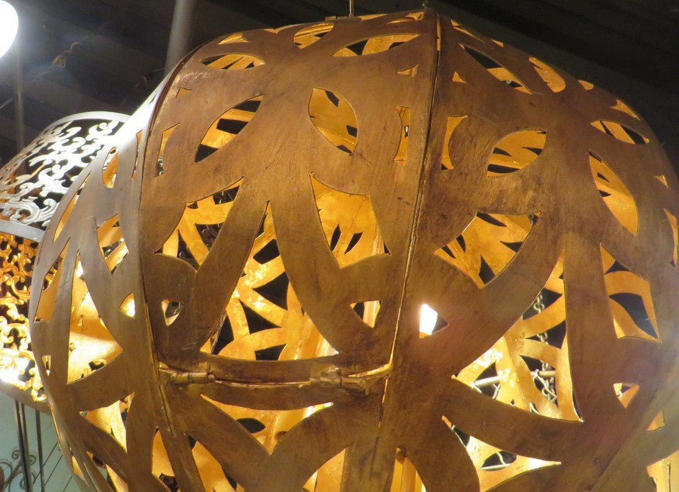 Dark Gold Floral Cutout Pendant Light, Round Globe Sphere Chandelier