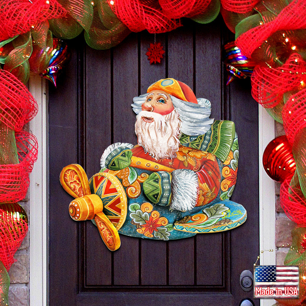 Aviator Santa, Wooden Decorative Holiday Door Hanger