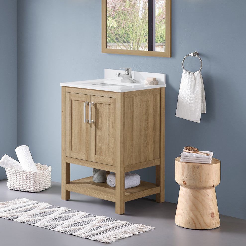 Ove Decors Vegas Single Sink Bathroom Vanity Set With Countertop, White, White Oak, 24"