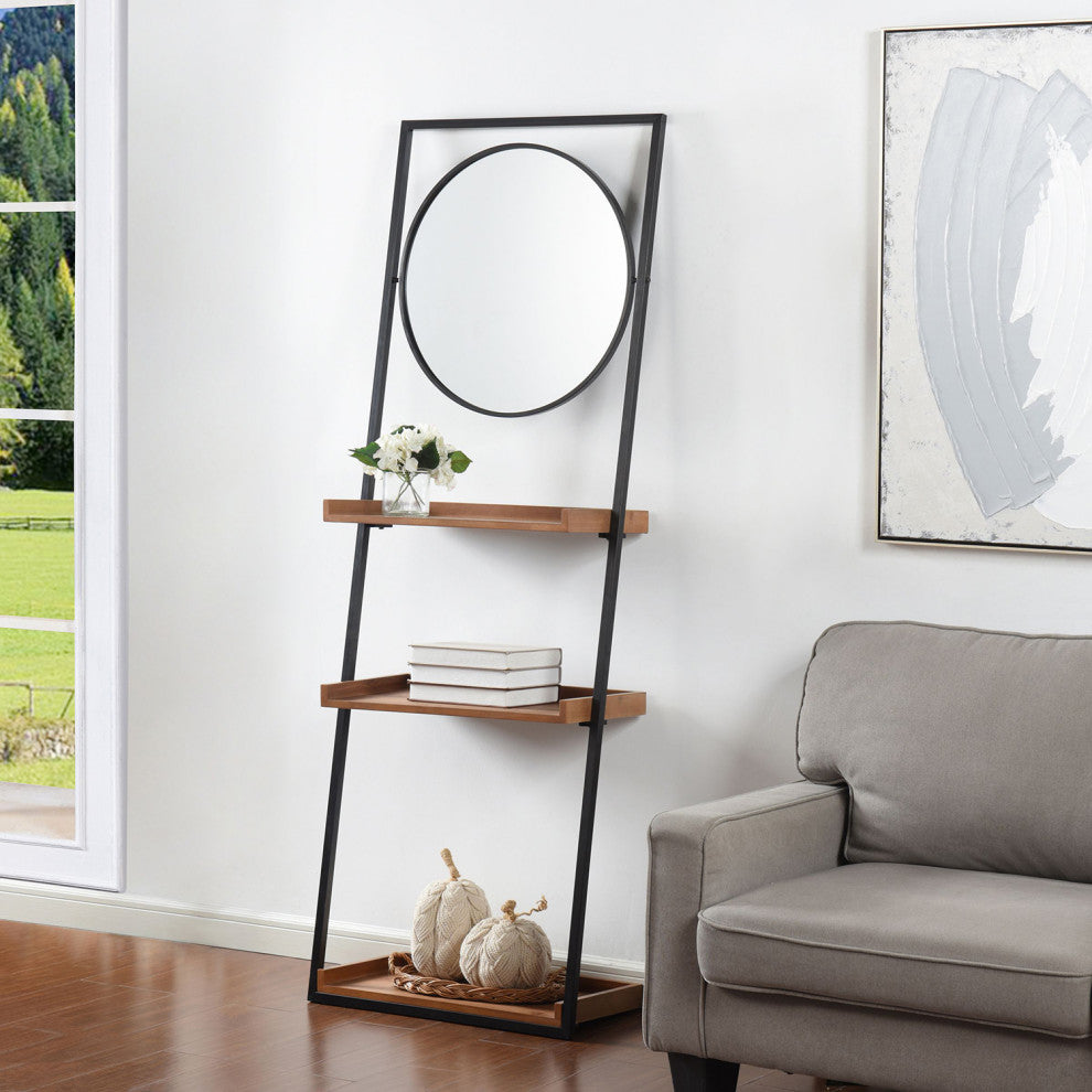 Lena Decorative Standing Shelves Round Mirror Wood Brown Finish