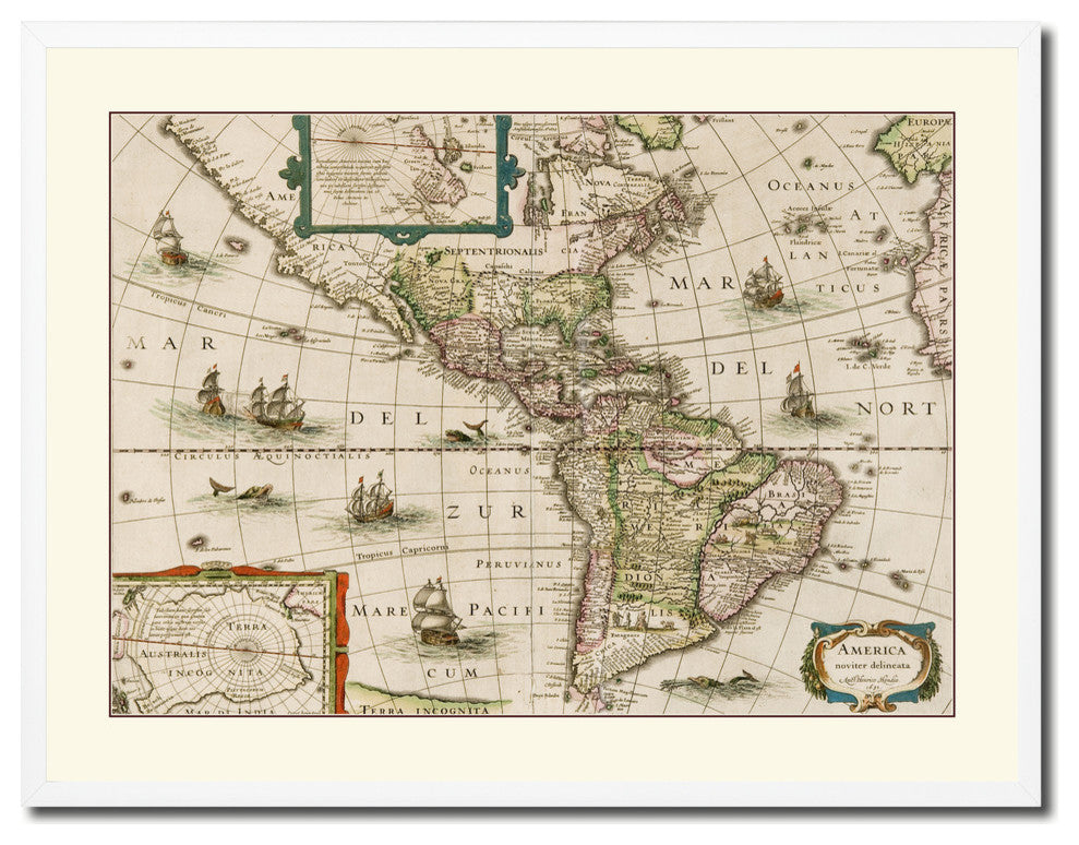 America Vintage Old Map Print On Canvas With Picture Frame 28" X 37"