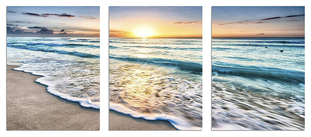 3-Panel White Beach Canvas Wall Art for Home Decor Blue Sea Sunset