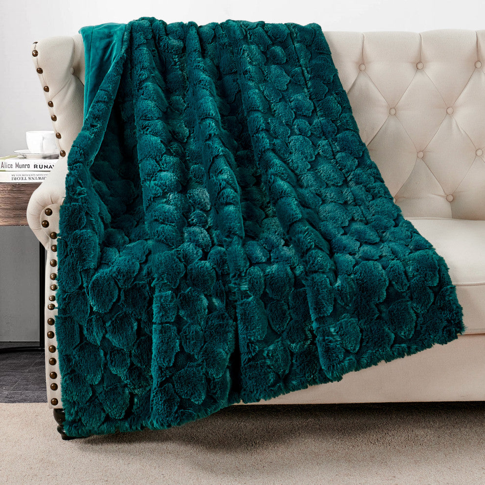 Cloud Carved Faux Fur Throw Blanket, Teal
