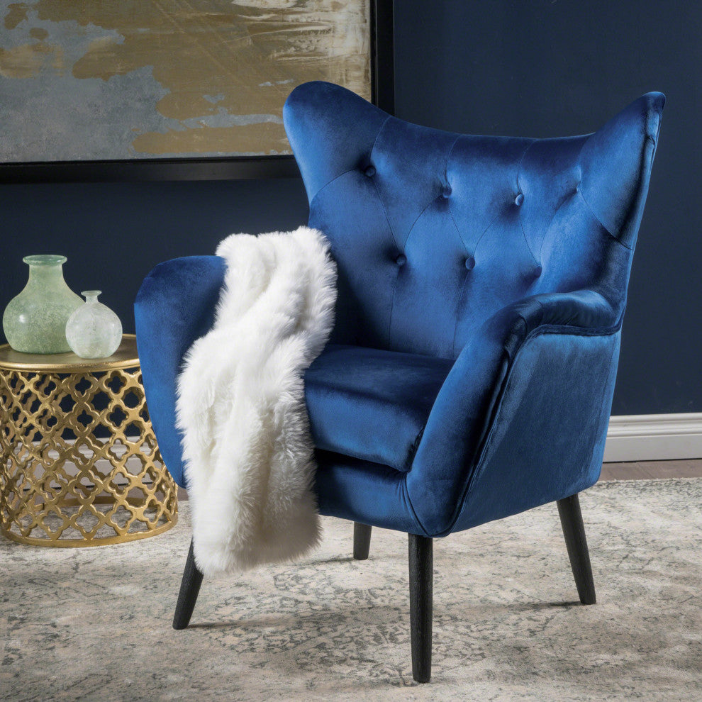 GDF Studio Ashton Mid Century New Velvet Armchair, Navy Blue