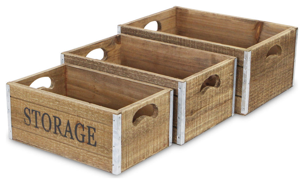Eika Metal Accented Wooden Storage Crates, 3-Piece Set