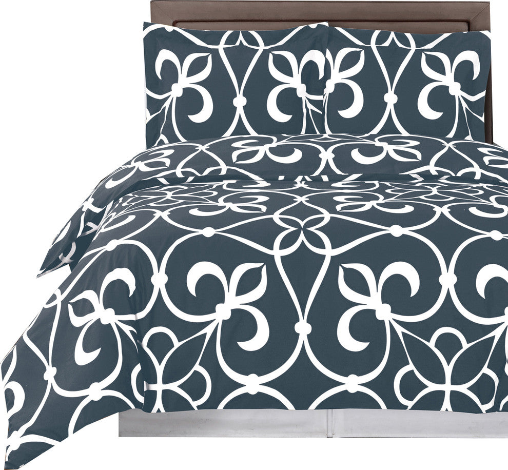 Floral Victoria 100% Cotton Duvet Cover Set, Gray and White, King/Cal King