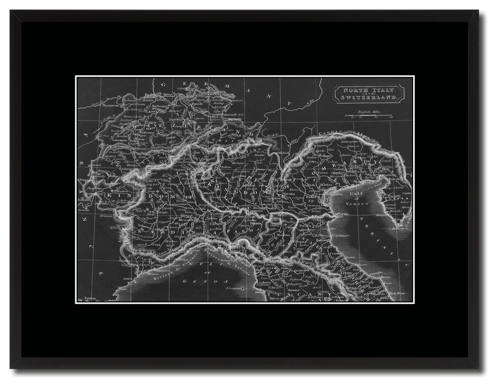 Northern Italy Vintage Monochrome Map Canvas, 16"x21"