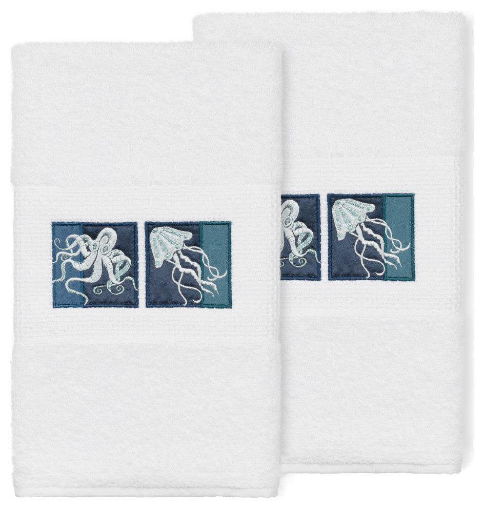 100% Turkish Cotton Ava 2-Piece Embellished Hand Towel Set, White