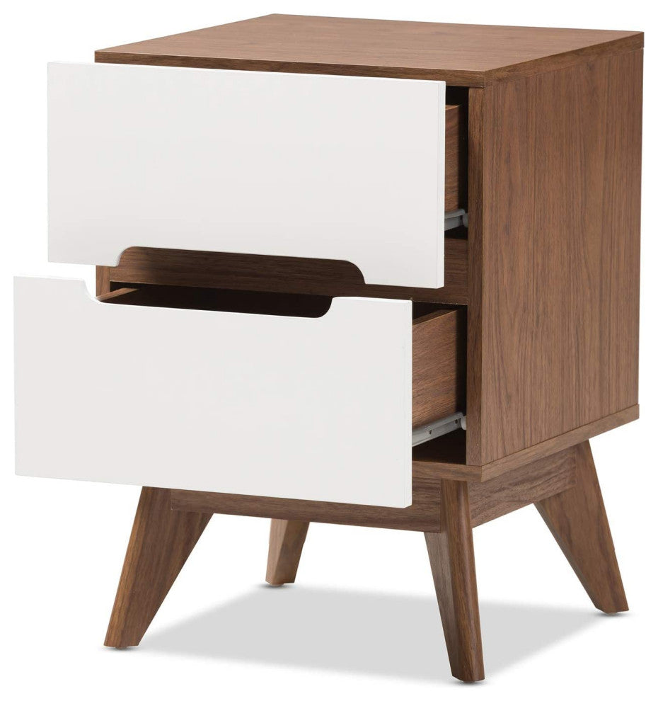 Mid-Century Modern White and Walnut Wood 3-Drawer Storage Nightstand