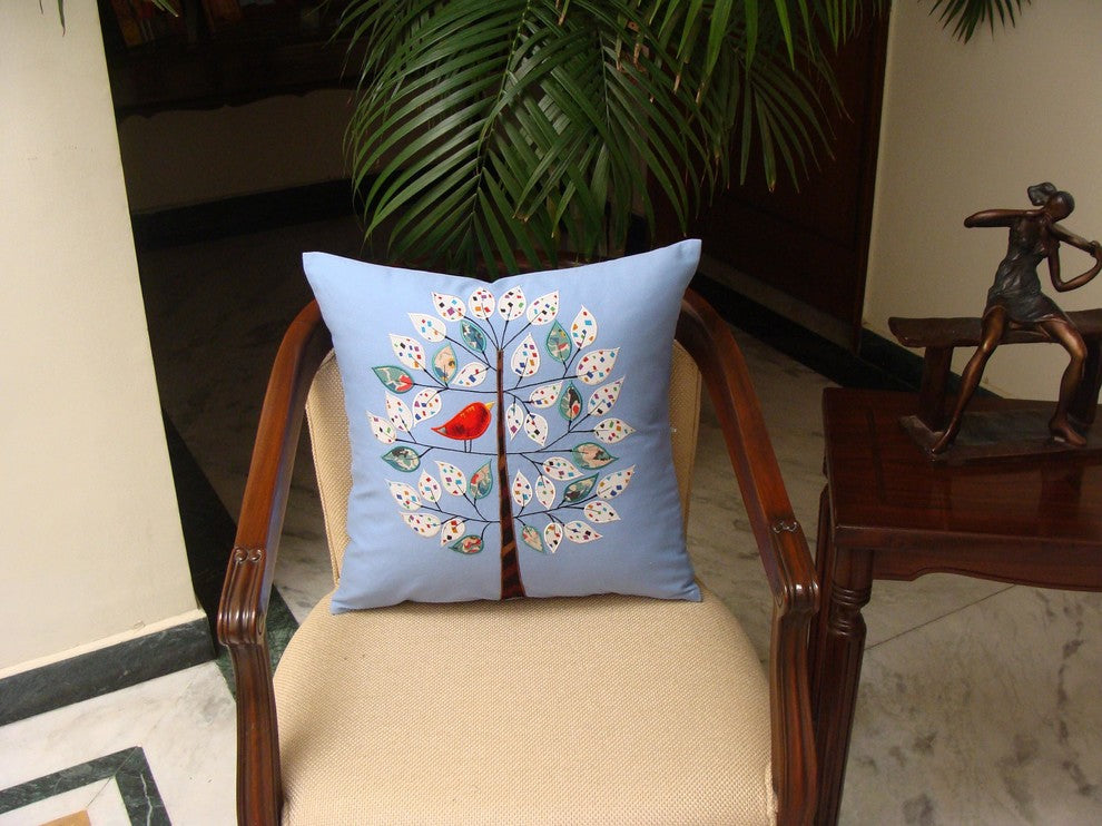 Bleu de France Tree of Life Bird Decorative Pillow Cover Cotton Applique 18x18"