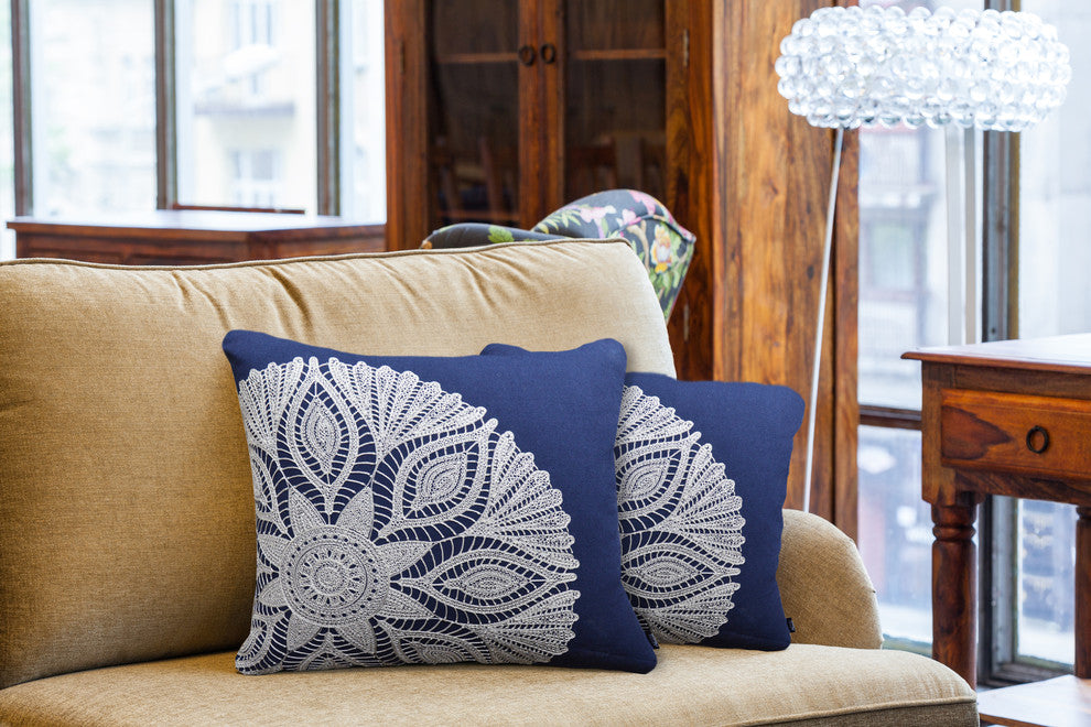 Caitlin 20"x20" Indigo Crochet Motif Pillow