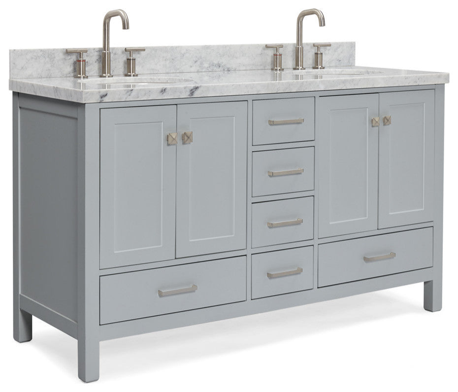 ARIEL Cambridge 61" Double Oval Sink Bathroom Vanity Grey With Marble Top