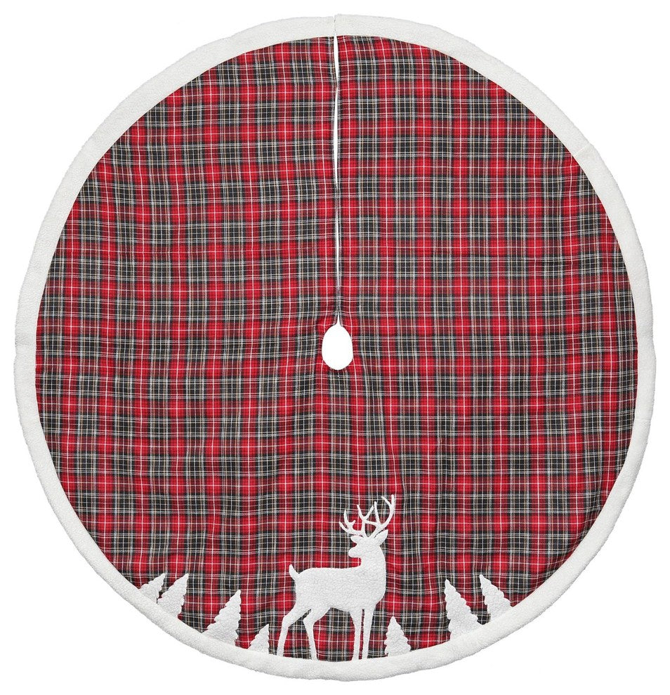 48" Red and Black Plaid Christmas Tree Skirt With Deer Applique