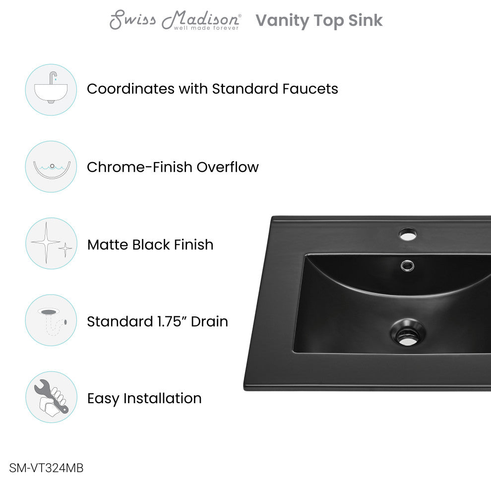 Ceramic Vanity Top 24" With Single Faucet Hole, Matte Black