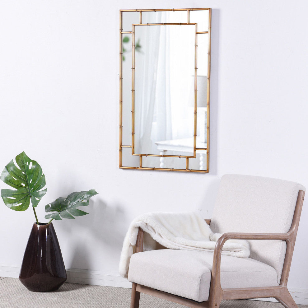Decorative Mirror Antiqued Gold Metal Bamboo Frame