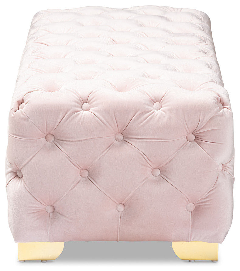 Kimberly Luxe Velvet Upholstered Gold Button Tufted Bench Ottoman, Light Pink
