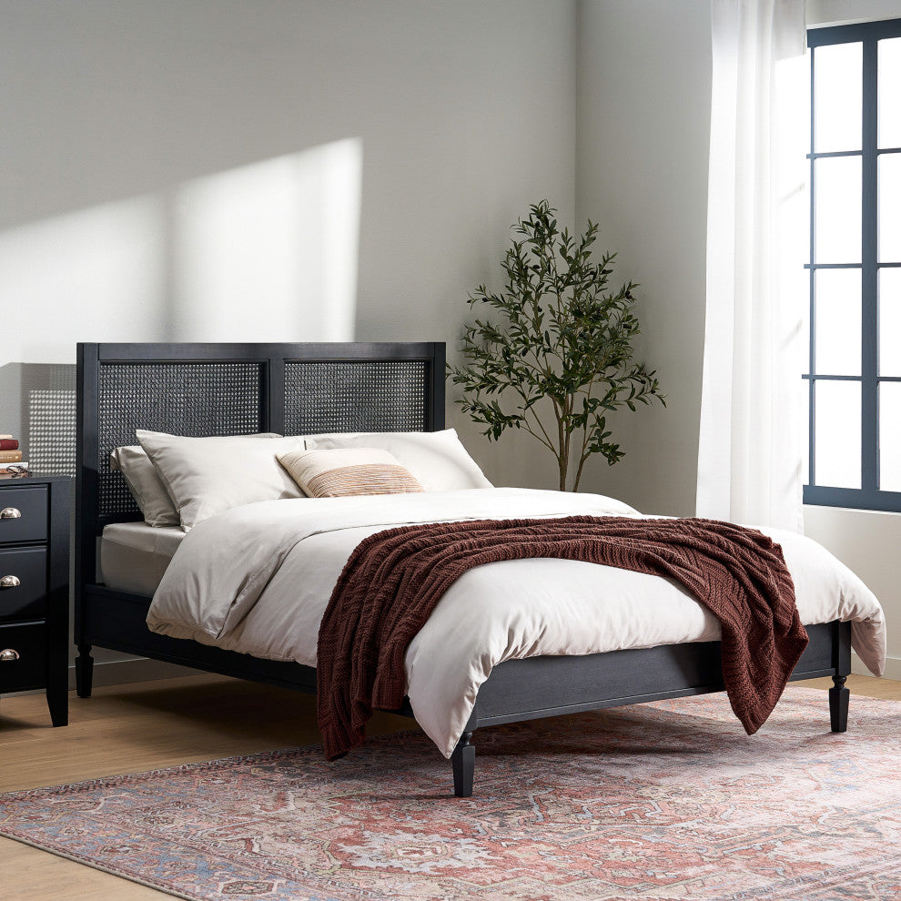 GDF Studio Rustic Acacia Wood Rattan Platform Bed, Queen, Dark Gray