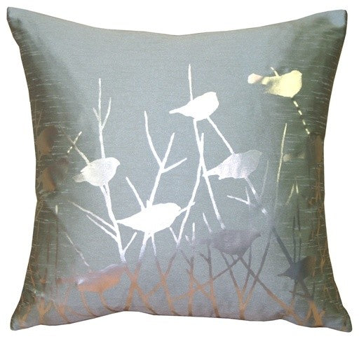 Pillow Decor - Metallic Birds Throw Pillow, Pale Blue