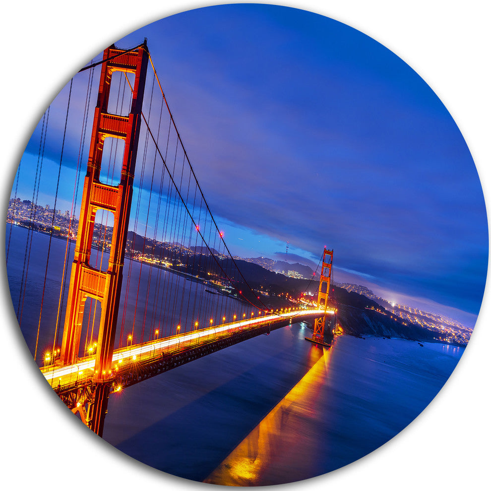 Golden Gate In Blue Background, Sea Bridge Disc Metal Wall Art, 11"
