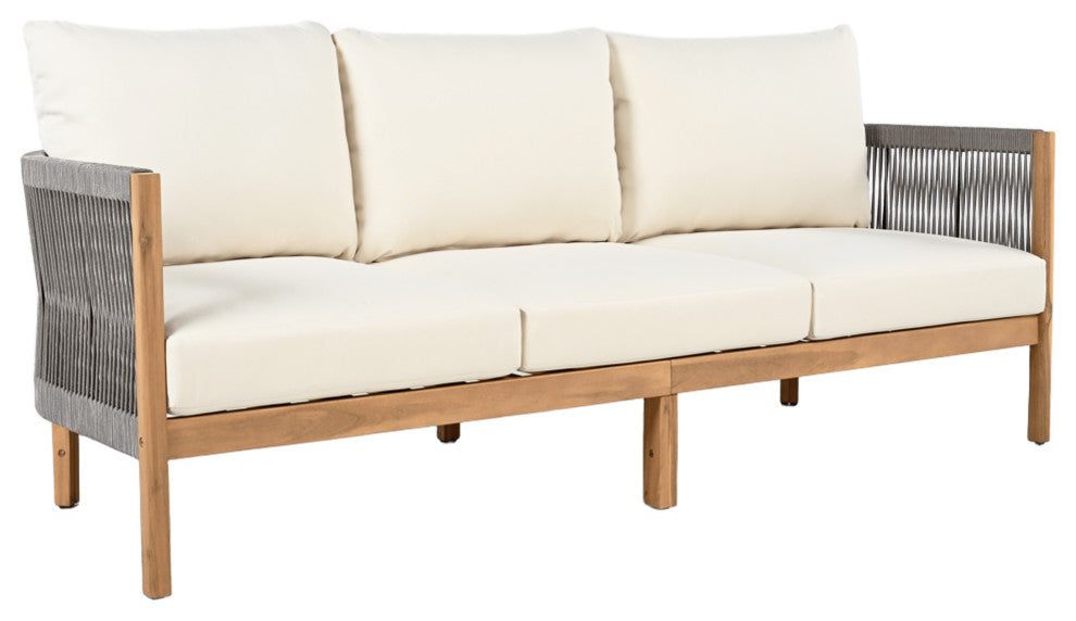 GDF Studio Outdoor 3-Seater Patio Acacia Wood Sofa, Teak/Gray/Beige