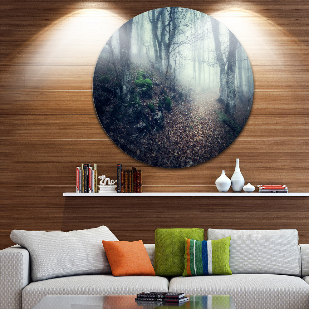 Old Style Path In Forest, Landscape Photo Disc Metal Artwork, 23"