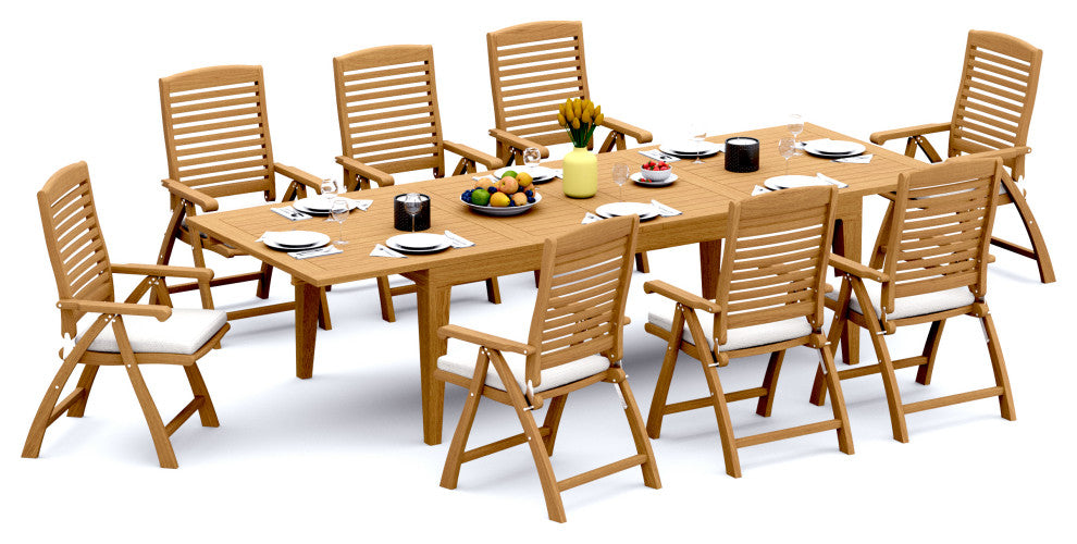 9-Piece Outdoor Teak Dining Set, 122" Rectangle Table, 8 Ashley Arm Chairs