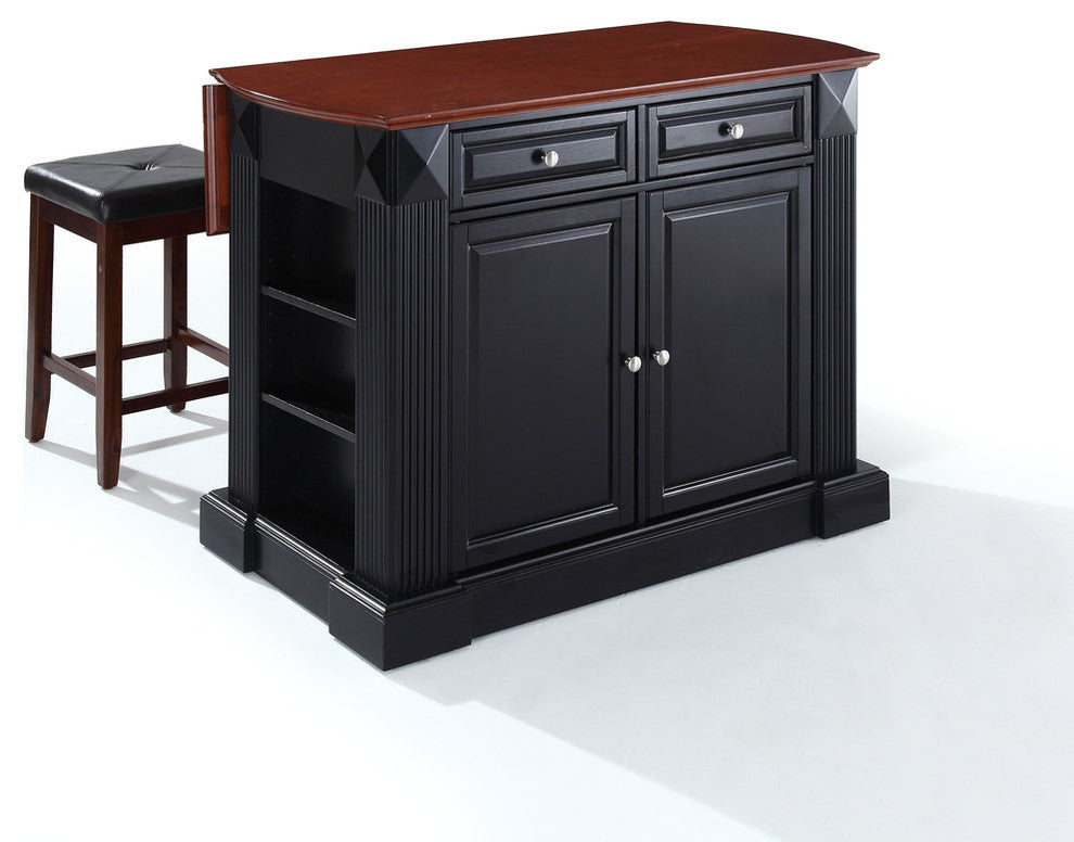 Drop Leaf Breakfast Bar Top Kitchen Island With 24" Black Upholstered Square Sea