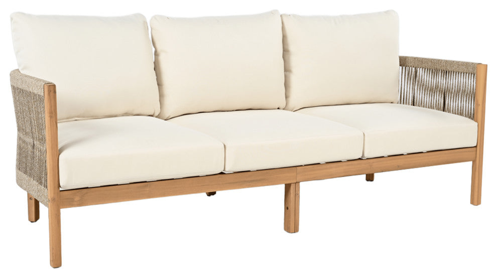 GDF Studio Outdoor 3-Seater Patio Acacia Wood Sofa, Teak/Beige