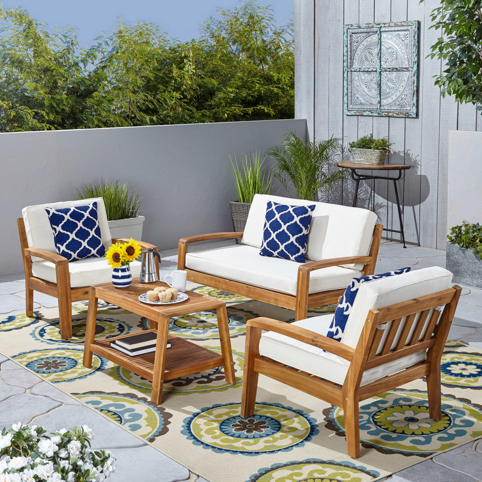 GDF Studio 4-Piece Parma Outdoor Wood Chat Set, Beige