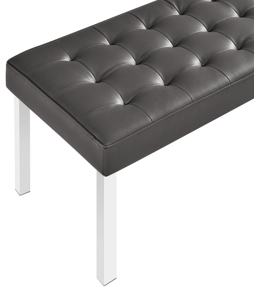 Loft Tufted Large Upholstered Faux Leather Bench Silver Gray