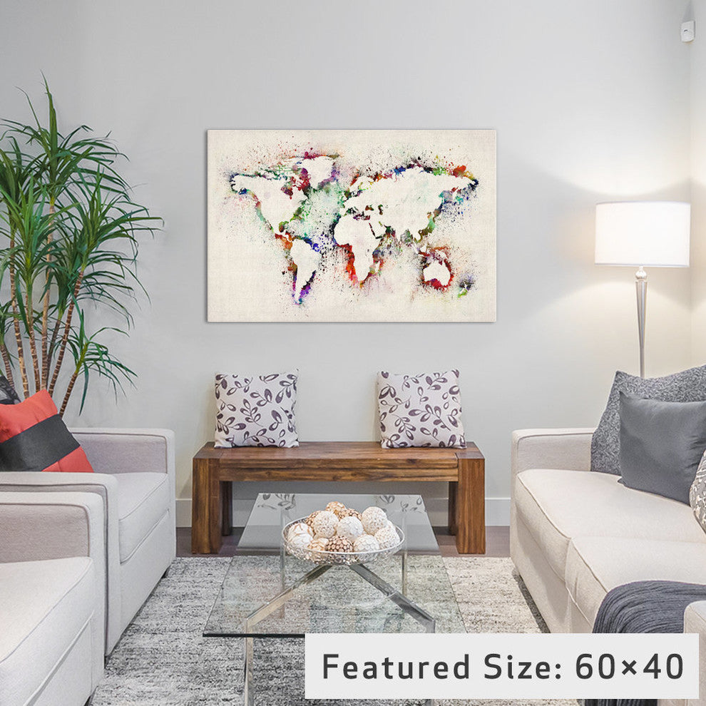 "Map Of The World Paint Splashes" Wrapped Canvas Print, 18x12x1.5