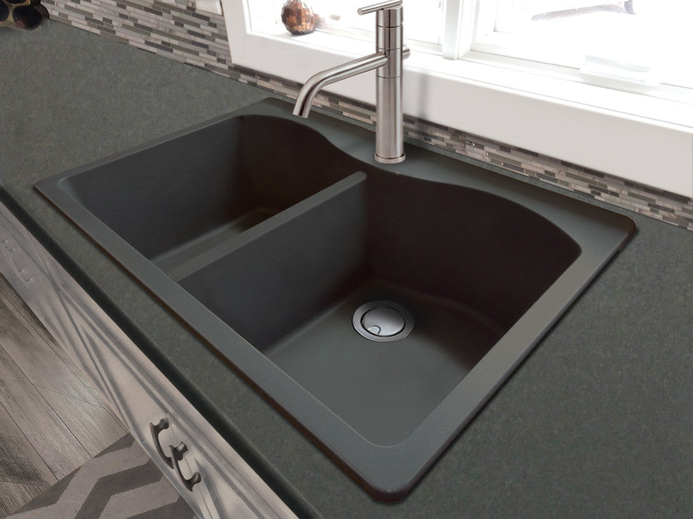 Aversa 33"x22"x9.5" Granite Double Drop Kitchen Sink, 1 Faucet Hole, Black
