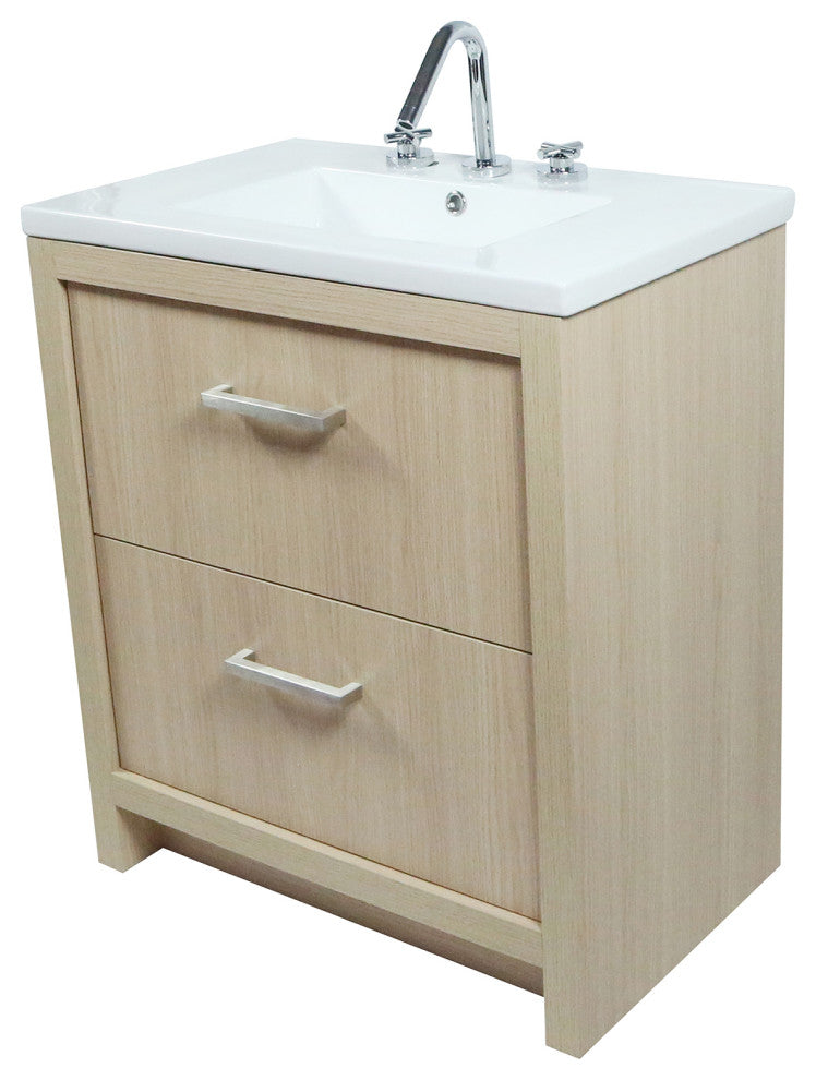 30" Single Sink Vanity, Neutral Finish With White Ceramic Top