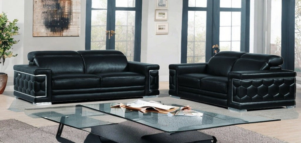 2-Piece Indoor Black Italian Leather Five Person Seating Set