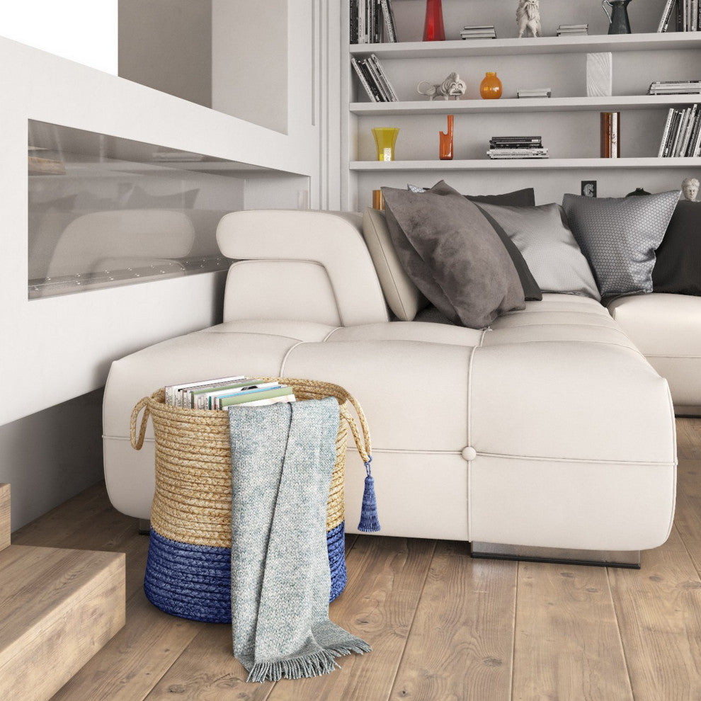 Two-Tone Natural Jute Woven Decorative Basket with Handles, Sapphire Blue, 17"