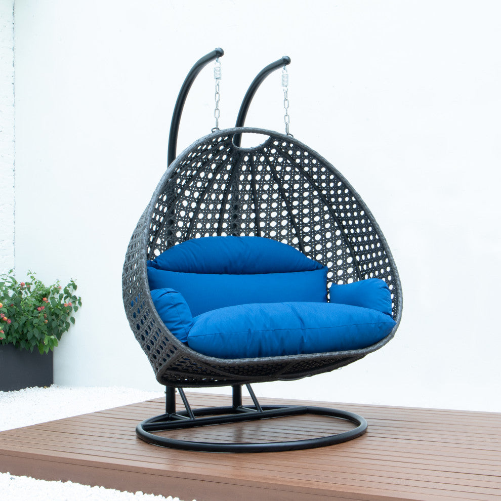 2 Person Charcoal Wicker Double Hanging Egg Swing Chair, Blue