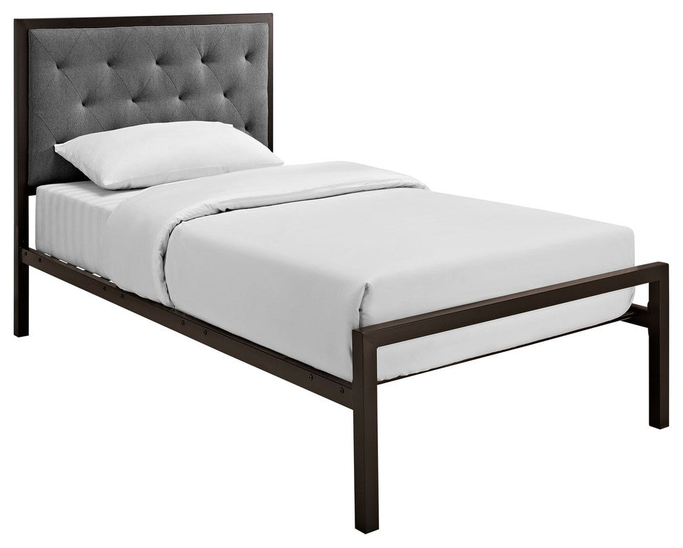 Modern Contemporary Twin Size Fabric Bed Frame, Gray Fabric