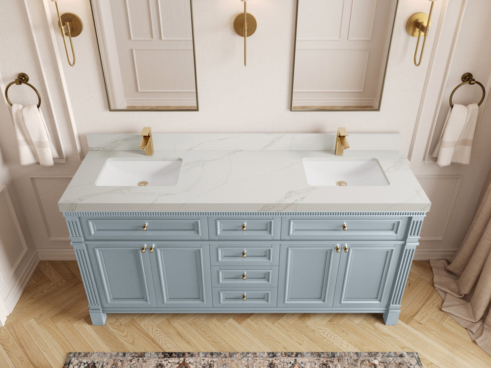 Paris 72" Double Sink Bathroom Vanity, Blue Heather 2" Calacatta Sienna