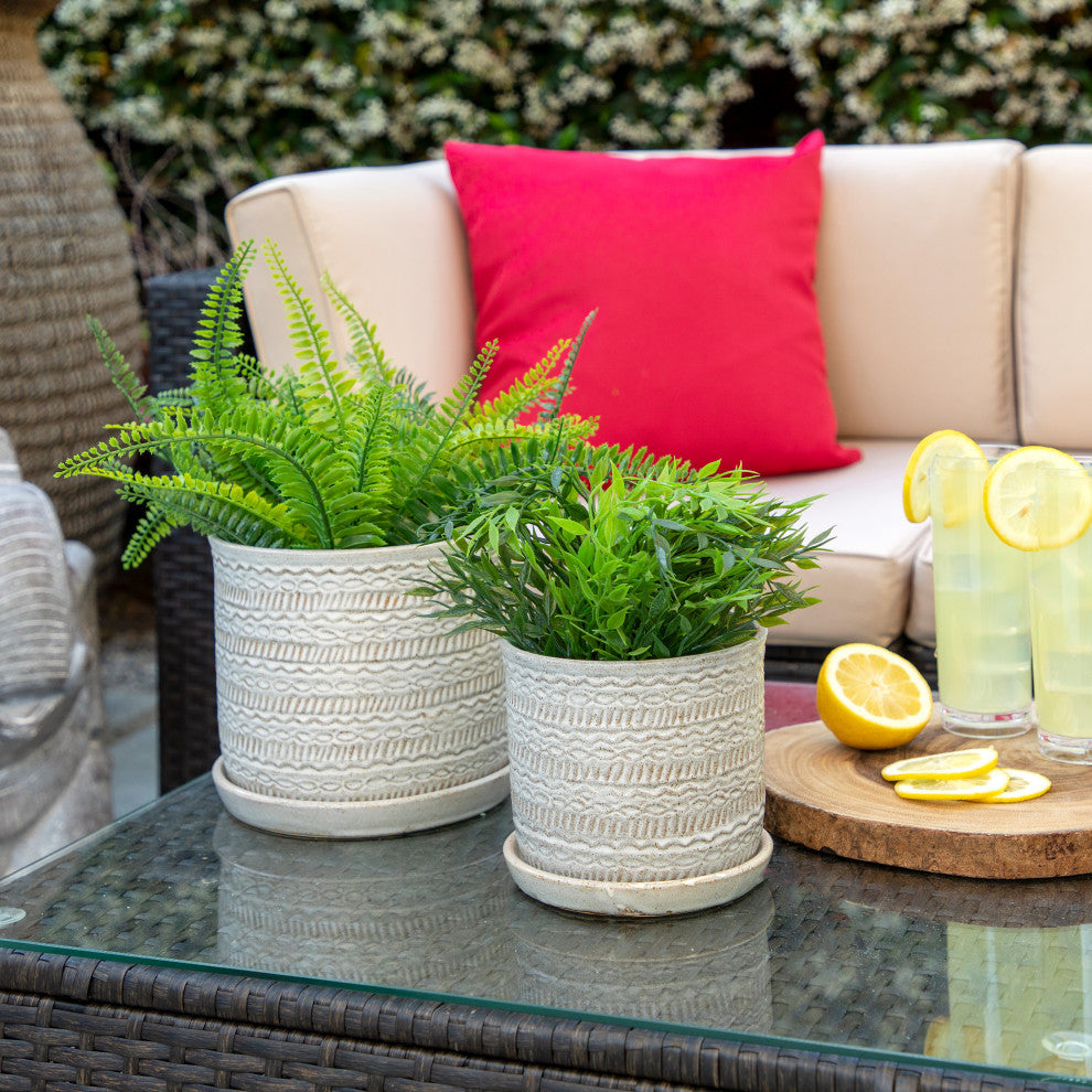 2-Piece Set Tribal Planter With Saucer Beige