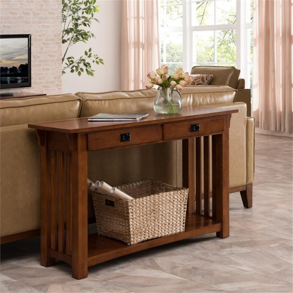 Leick Furniture Wood Mission Console Table with Drawers and Shelf in Oak