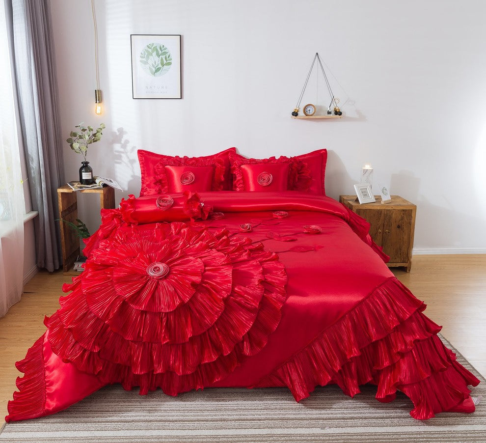 Red Rose Satin Ruffle Floral Romantic Victorian Comforter Bedding Set, King