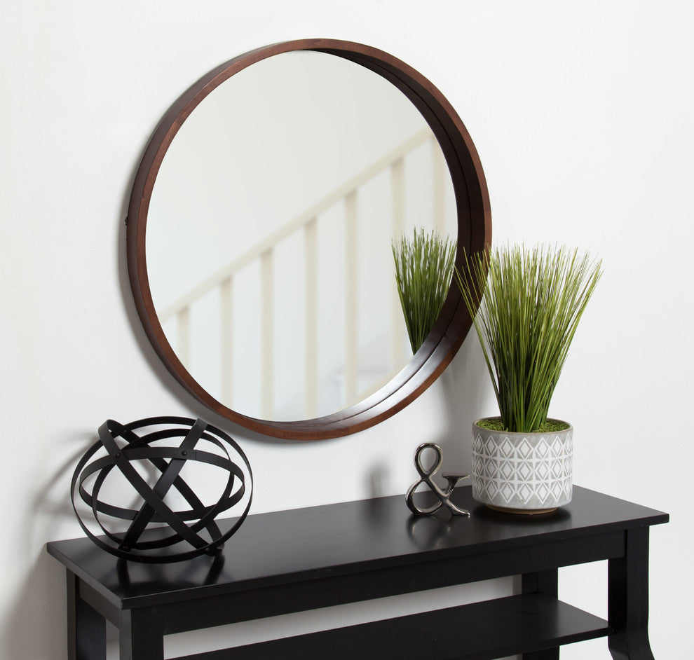 Hutton Round Decorative Wood Framed Wall Mirror, Walnut Brown, 30 Diameter