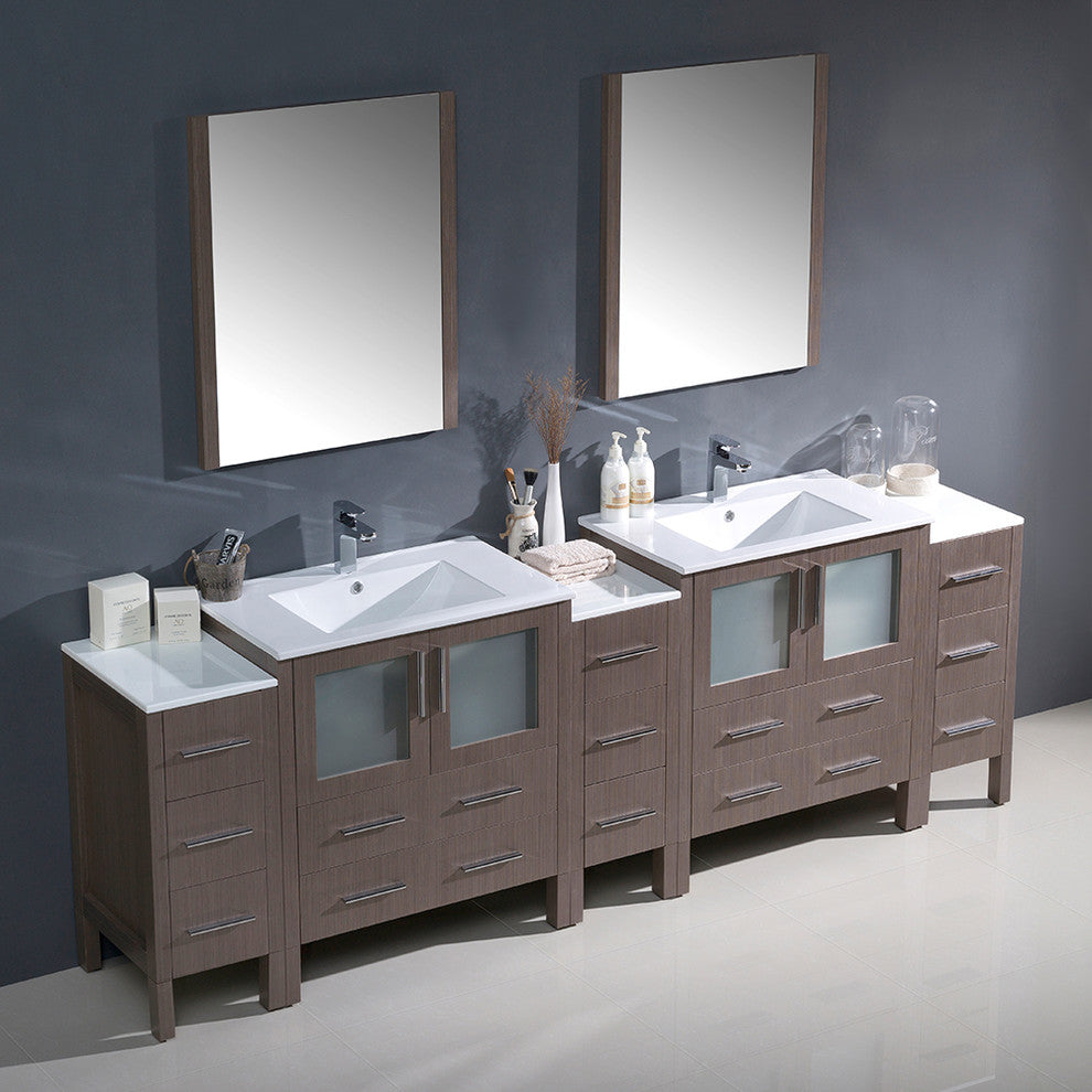 Torino 96" Gray Oak Modern Double Sink Bathroom Vanity, Faucet FFT9151CH