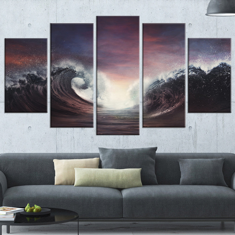 "Dark Parting Ocean With Colorful Clouds" Seashore Wall Art, 5 Panels, 60"x32"