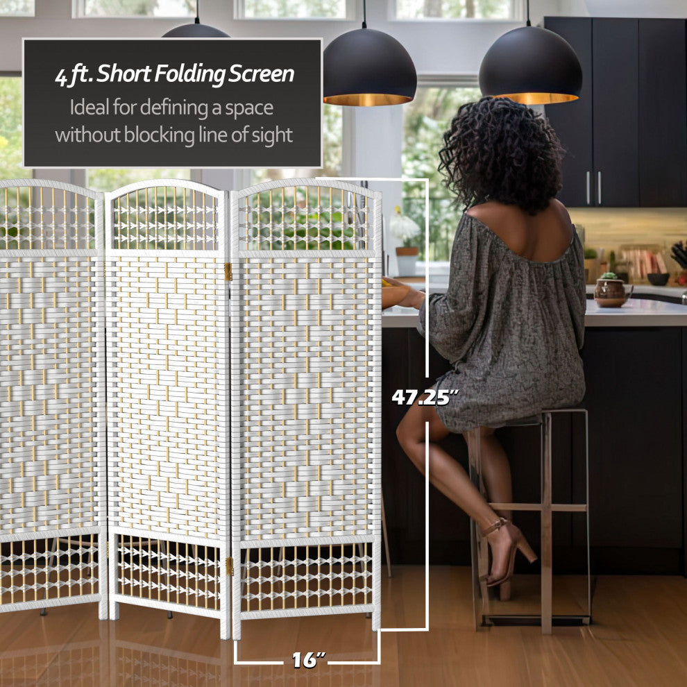 4' Tall Fiber Weave Room Divider, White, 6 Panels