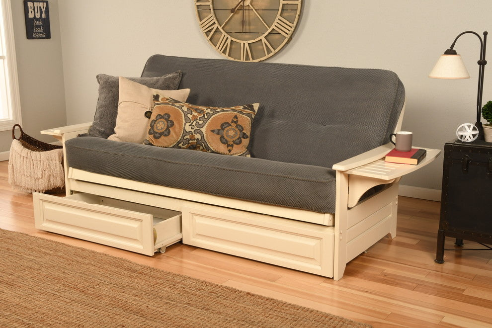 Mesa Frame Futon With Antique White Finish, Storage Drawers, Marmont Thunder