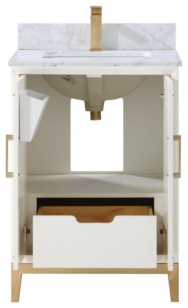 Gracie Bathroom Vanity, Satin White With Carrara Marble, 24"