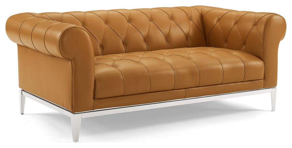 Idyll Tufted Button Upholstered Leather Chesterfield Loveseat Tan